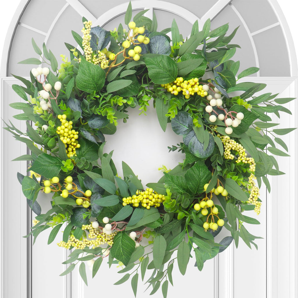Spring Boxwood Wreath for Front Door with Berries & Eucalyptus Leaves - Genzify Store