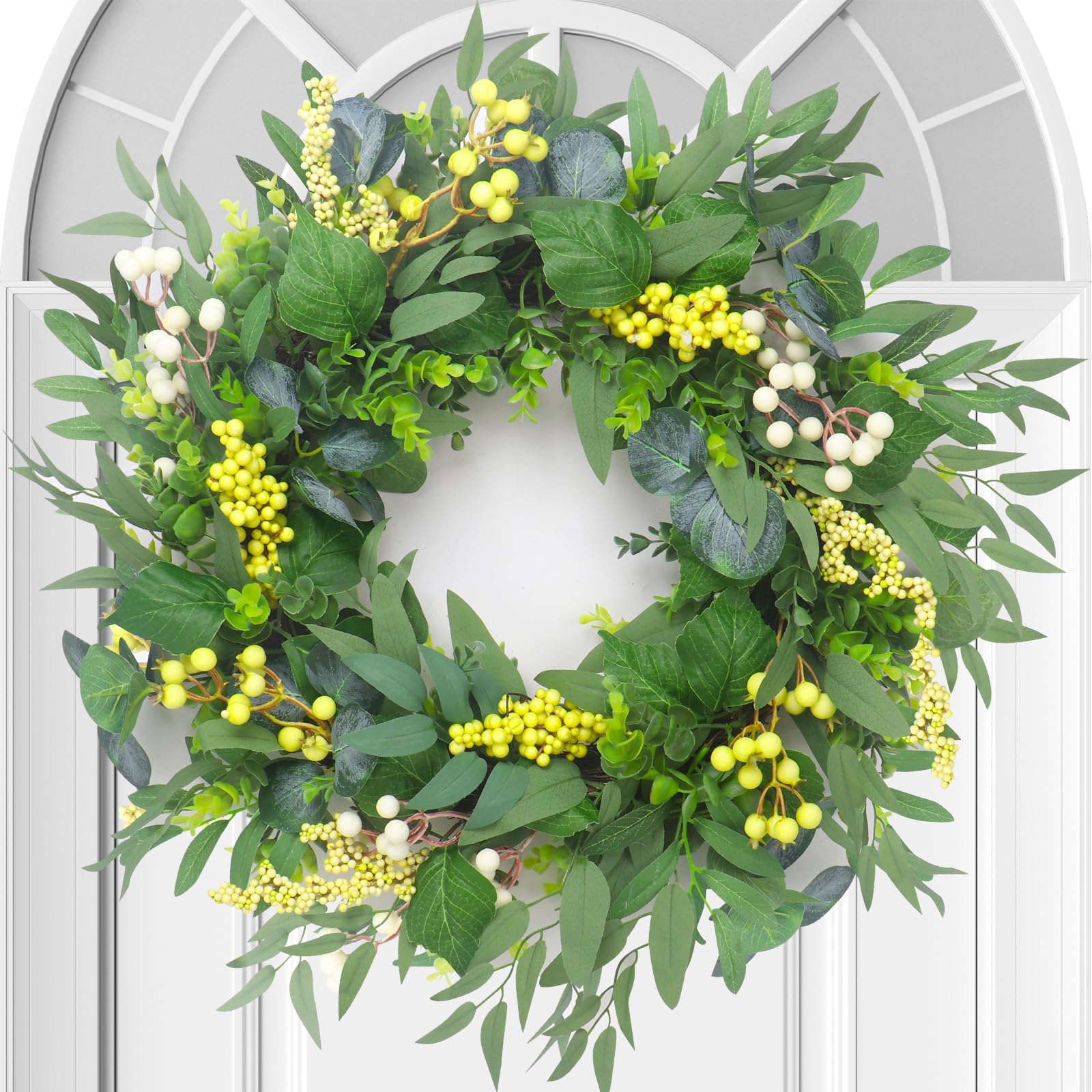 Spring Boxwood Wreath for Front Door with Berries & Eucalyptus Leaves - Genzify Store