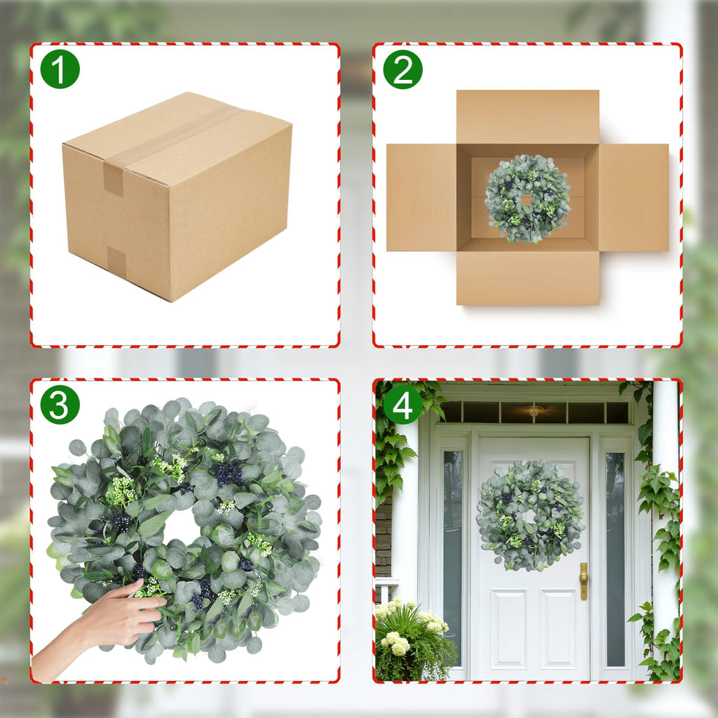 Spring Boxwood Wreath for Front Door with Berries & Eucalyptus Leaves - Genzify Store