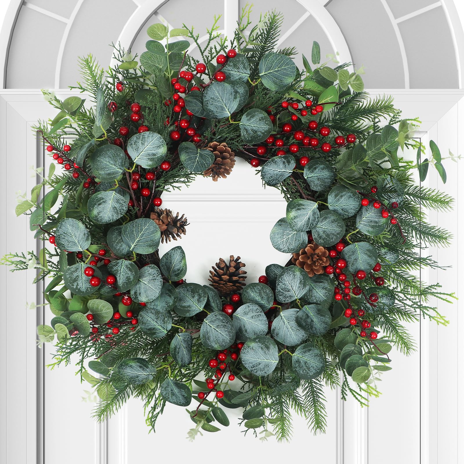 Spring Boxwood Wreath for Front Door with Berries & Eucalyptus Leaves - Genzify Store