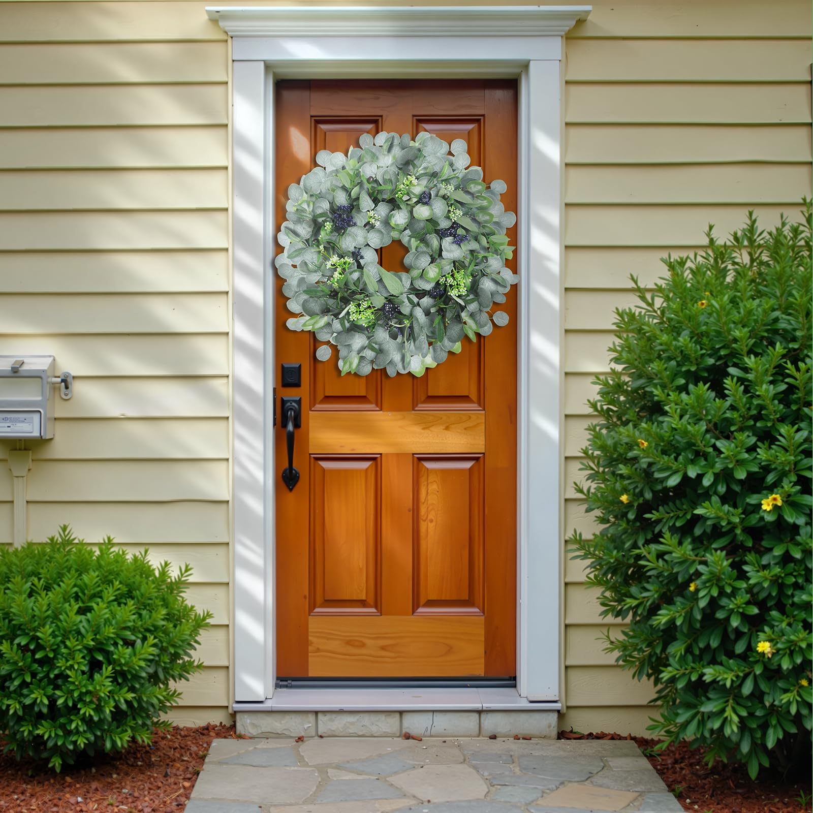 Spring Boxwood Wreath for Front Door with Berries & Eucalyptus Leaves - Genzify Store