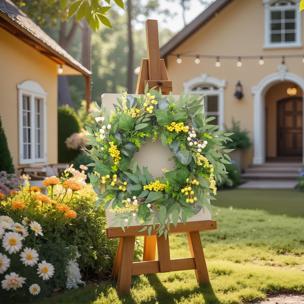 Spring Boxwood Wreath for Front Door with Berries & Eucalyptus Leaves - Genzify Store