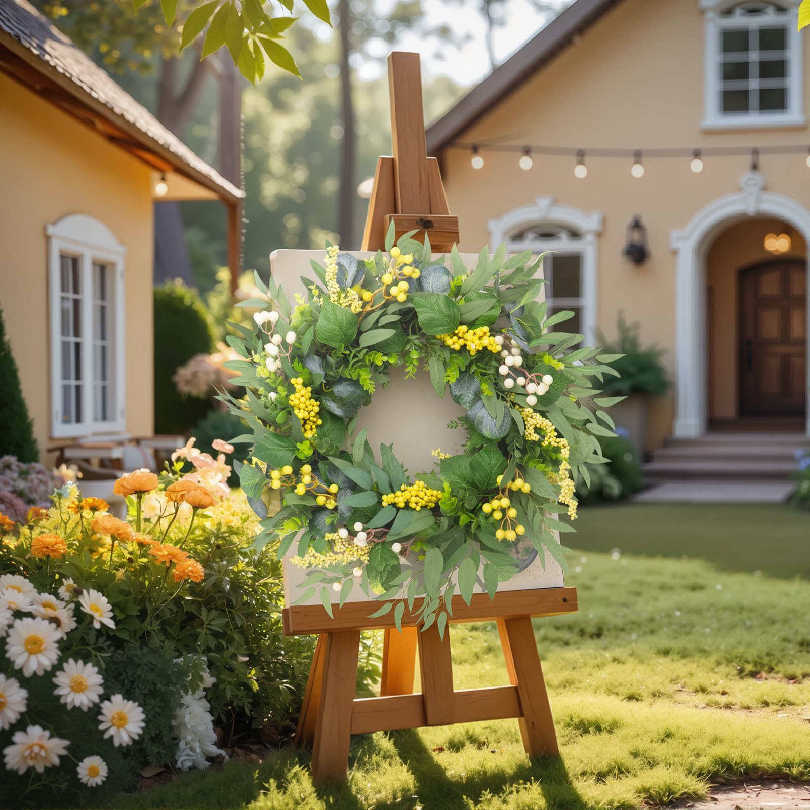 Spring Boxwood Wreath for Front Door with Berries & Eucalyptus Leaves - Genzify Store