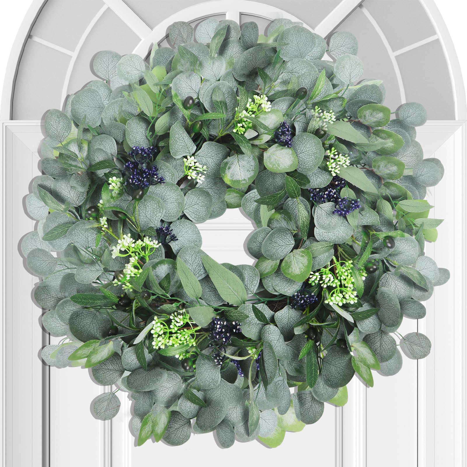 Spring Boxwood Wreath for Front Door with Berries & Eucalyptus Leaves - Genzify Store